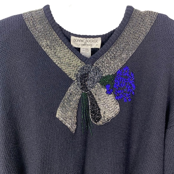 VINTAGE Bonnie Boerer Sweater Size M Navy Silver Embellished 80s Holiday knit - Picture 4 of 16